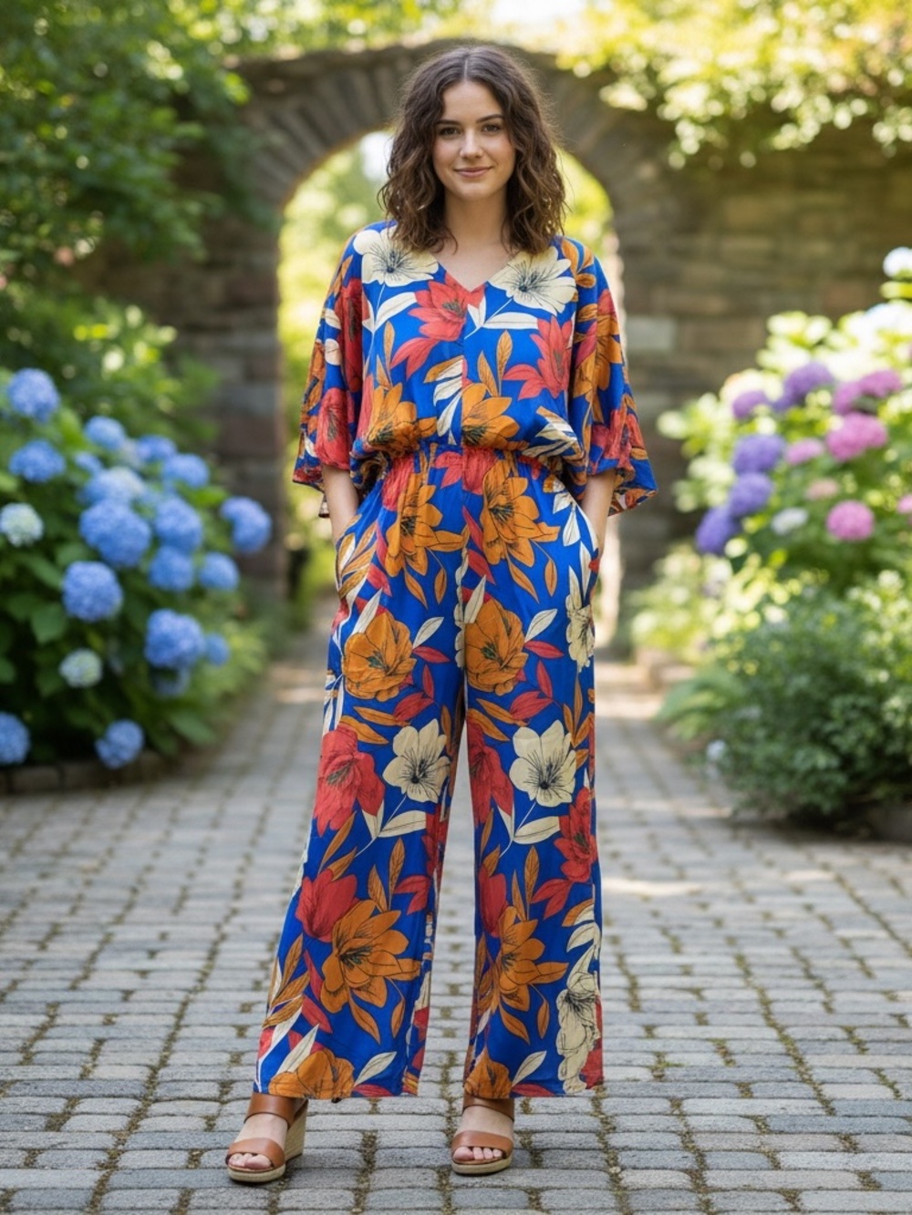 Easel Blue and Orange Floral Jumpsuit
